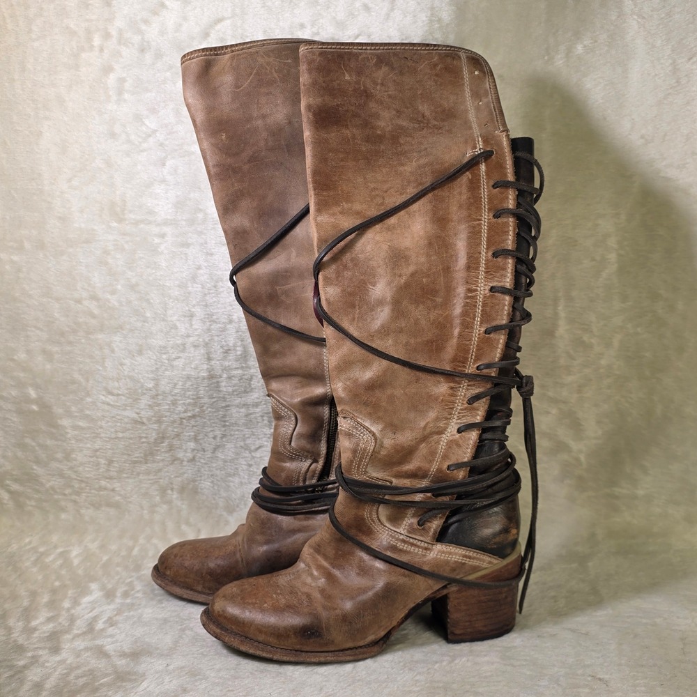 Freebird Coal Tall Lace Up Boots Distressed Brown Leather Womens 10